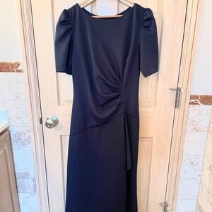 Xscape Dark Navy Blue Midi Dress with Puff Sleeves -FITS LIKE A SIZE 12